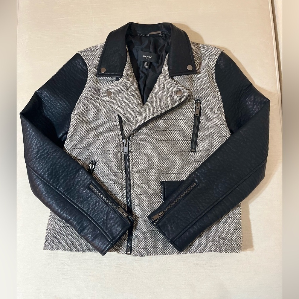 Mango Tweed Moto Jacket Faux Leather Sleeves Mixed Media Asymmetrical Zip Chic
